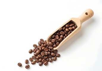 Obraz premium Roasted Coffee Beans in a Wooden Scoop on White Background