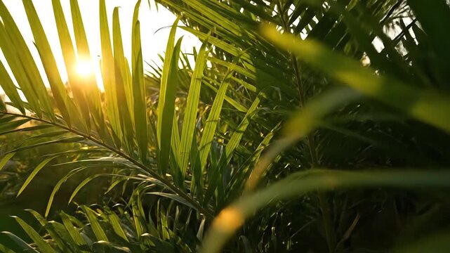 Golden Sunbeams Filter Through Lush Palm Fronds Creating a Tropical Ambiance.