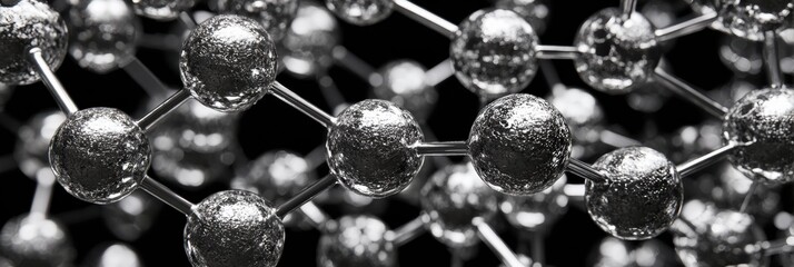 The scene features intricate metallic molecular structures with reflective surfaces and complex connections on a dark background.