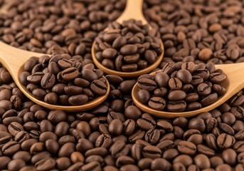 Fototapeta premium Freshly Roasted Coffee Beans in Wooden Spoons Perfect for Cafe and Beverage Concepts