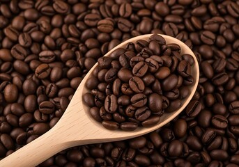 Obraz premium Roasted Coffee Beans in Wooden Spoon Fresh Brew Aroma