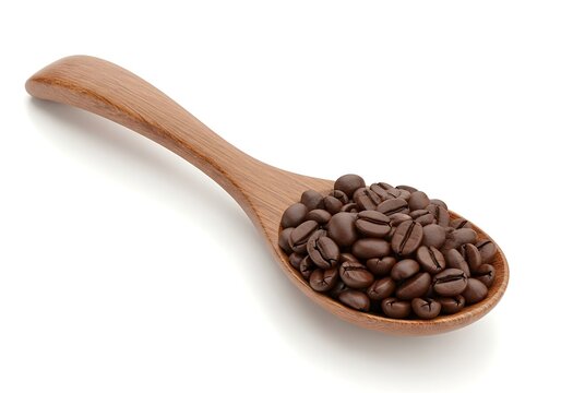 Roasted Coffee Beans in Wooden Spoon Isolated on White Background - Powered by Adobe