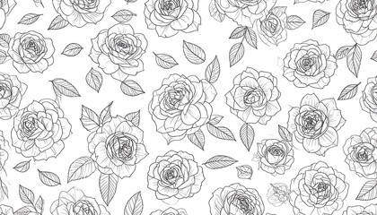 A simple, elegant, black and white floral pattern featuring detailed sketches of roses and leaves scattered