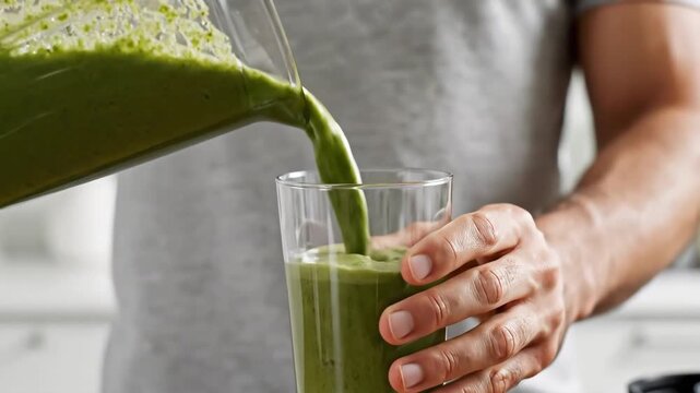 Man Pouring a Freshly Made Green Smoothie into a Glass.