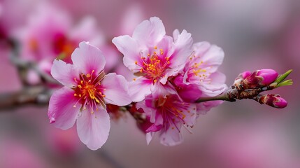 Obraz premium Delicate pink almond blossoms unfurling with vibrant yellow stamens and budding branches, signaling springtime's gentle arrival in soft focus.