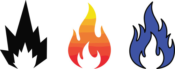 Black flame, red orange gradient fire and blue flame icons set isolated on white background flat vector illustration symbols