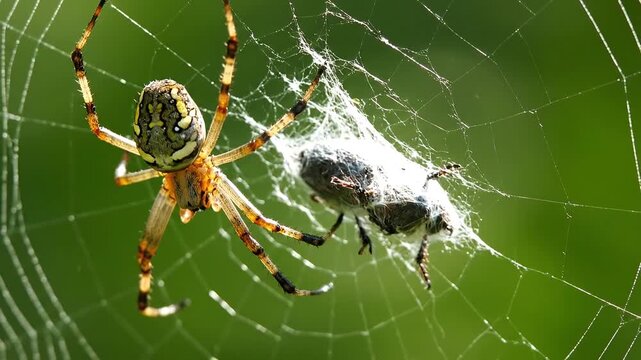 Macro View of a Garden Spider Wrapping Prey in its Web.