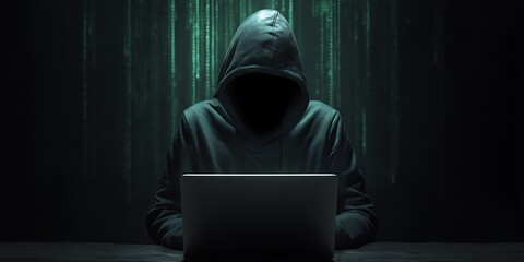 Mysterious hooded figure intensely focused on laptop screen, digital rain background creating a dark, suspenseful atmosphere for cybersecurity themes
