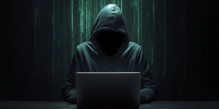 Mysterious hooded figure intensely focused on laptop screen, digital rain background creating a dark, suspenseful atmosphere for cybersecurity themes