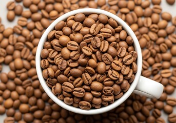 Fototapeta premium Freshly Roasted Coffee Beans Overflowing from a White Mug