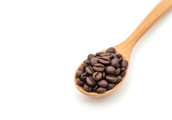 Obraz premium Roasted Coffee Beans in Wooden Spoon on White Background Freshly Brewed Coffee Concept