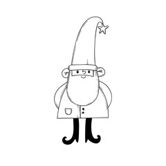 Minimal vector illustration of a cute Christmas gnome with a long pointed hat topped with a star, drawn in simple black and white outline style perfect for coloring pages, winter clipart