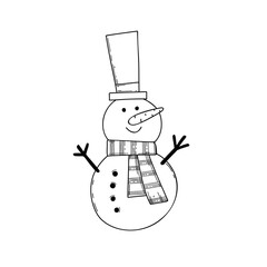 Clean vector illustration of a cheerful snowman in a tall hat and striped scarf, drawn in simple black and white outline style — ideal for coloring pages, winter clipart, and educational designs.