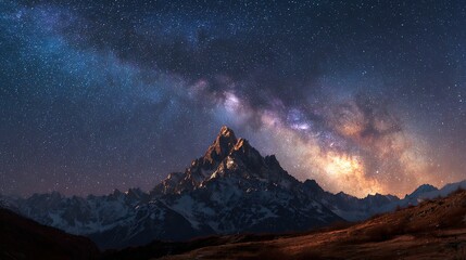 Fototapeta premium Majestic snow capped mountain peak bathed in the ethereal glow of the vibrant Milky Way galaxy above