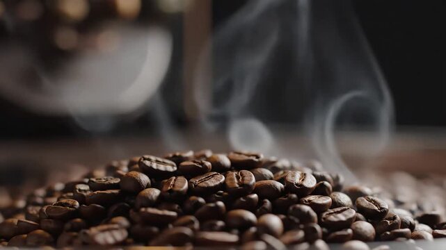 Steaming Coffee Beans Aromatic Freshness.