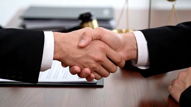 Two business partners shaking hands in a legal office after successful negotiation.