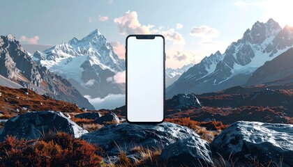 A sleek, black smartphone with a blank white screen stands against a vibrant mountain backdrop. Rocky terrain fills the foreground