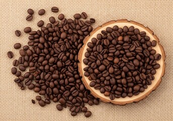 Fototapeta premium Roasted Coffee Beans on a Wooden Plate and Jute Fabric Background