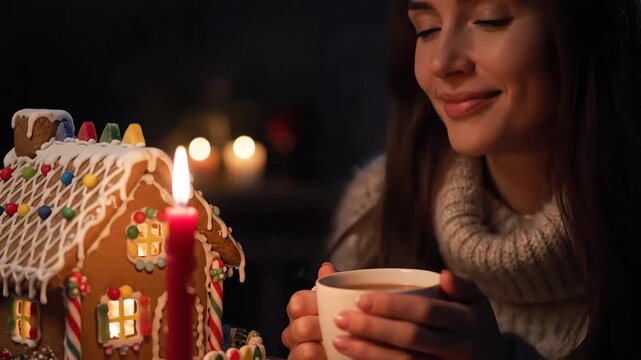 Young Woman Enjoying a Cozy Christmas Evening with a Hot Drink by Candlelight.