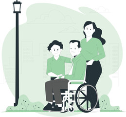 Diverse Family with Son in Wheelchair Posing in City Park with Buildings and Lamp Post portrait disability