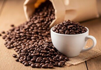 Fototapeta premium Freshly Roasted Arabica Coffee Beans Overflowing from White Mug and Paper Bag on Rustic Wood Tabletop
