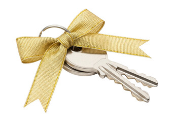 Fototapeta premium A pair of keys tied with a gold ribbon, isolated on transparent background the keys are silver and the ribbon is shiny, creating a celebratory or giftgiving concept for new home