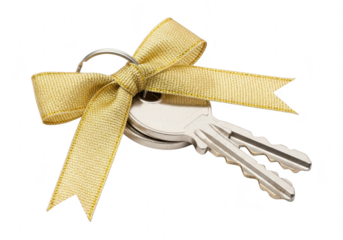 A pair of keys tied with a gold ribbon, isolated on transparent background the keys are silver and the ribbon is shiny, creating a celebratory or giftgiving concept for new home