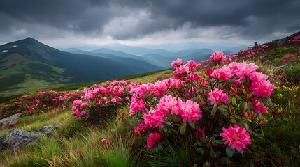 Obraz premium Stunning pink rhododendron blooms carpet a vibrant mountain slope under dramatic, moody clouds, showcasing nature's breathtaking beauty.
