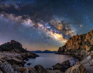 Coastal scene under a stunning Milky Way galaxy, starry night