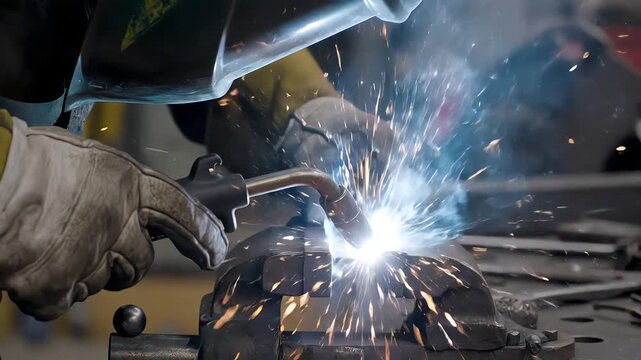 Skilled Welder Creates Sparking Metal Art with Precision and Safety.