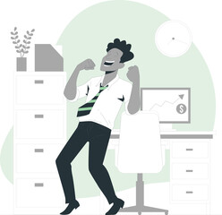 Excited businessman celebrating success in office with charts and clock Keywords: businessman, office, success, celebration, achievement, winning, happy, excited, joy, triumph, money, dollar