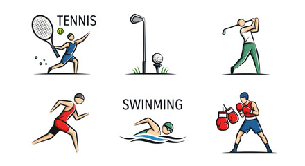 Fototapeta premium Diverse Sports Icons: Tennis Golf Running Swimming Boxing.