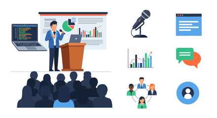 Business Presentation with Speaker Audience Charts Laptop and Microphone.
