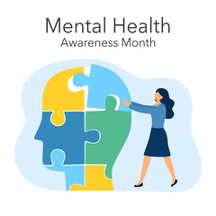 Person assembling a brain with jigsaw puzzle. Mental health support concept, wellness mindfulness in psychiatric therapy in depression