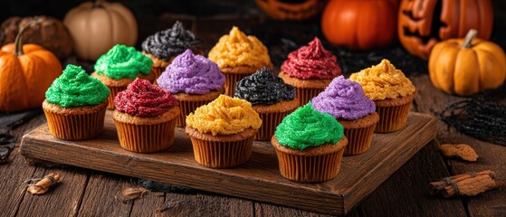 Fototapeta premium Assorted Halloween themed cupcakes with colorful frosting and pumpkin decorations on rustic wood table for celebration and party