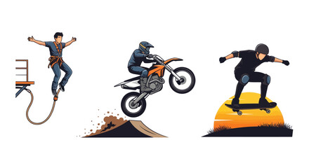 Thrill-seeking individuals engaged in extreme sports activities: bungee jumping motocross and snowboarding. © il