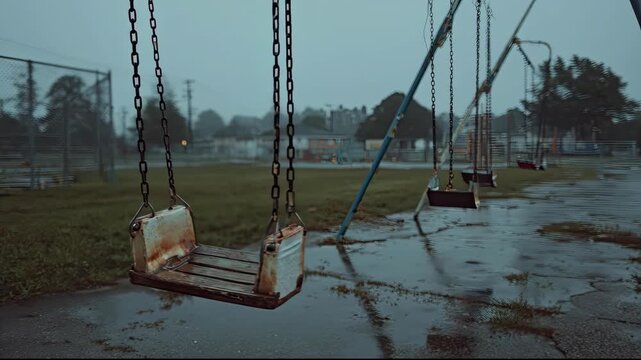 Empty Rusty Swings in a Desolate Playground on a Rainy Day.