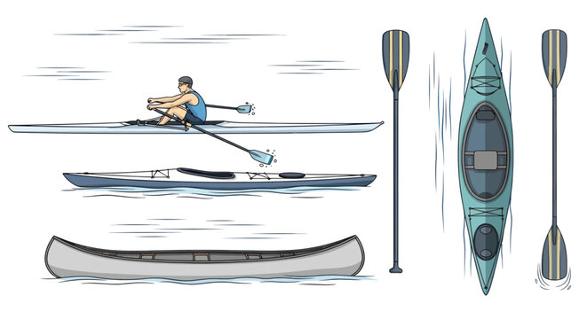Hand-drawn illustration of water sports boats: rowing shell kayak canoe and paddles.