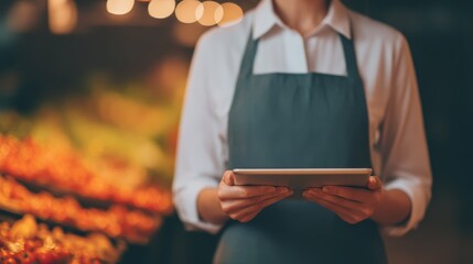 A person in an apron holds a tablet, surrounded by vibrant produce in a market setting, emphasizing the intersection of technology and fresh food.