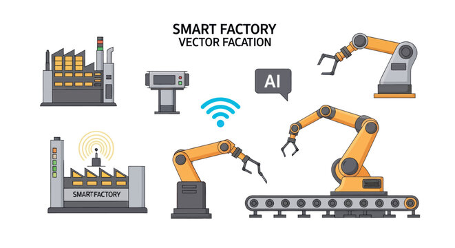 Smart Factory Industrial Automation Robotics Vector Illustration Set.