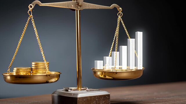 Strategic financial balance comparing tangible gold assets with escalating stock market performance, vital for mining investments and securing future wealth potential