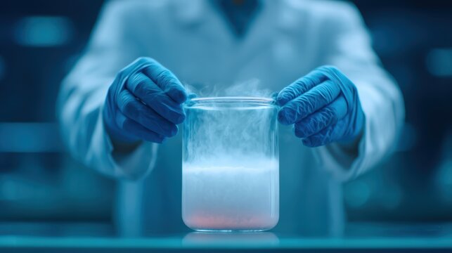 A scientist in a lab coat holds a beaker filled with a bubbling, steaming substance, surrounded by a blue, high-tech environment.