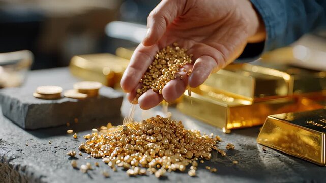 A close-up of a hand pouring raw gold, highlighting the tangible wealth and strategic importance of gold mining in the global stock market