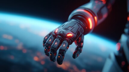 A futuristic robotic hand reaches out against a cosmic backdrop, showcasing advanced technology and a blend of mechanical design with glowing elements.