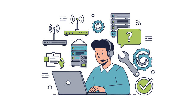 IT Support Specialist Working on Laptop with Network and Tech Icons.