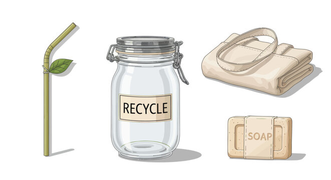 Eco-Friendly Items: Glass Jar Bamboo Straw Cotton Bag and Soap Bar.
