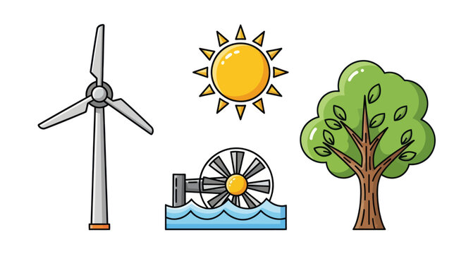 Renewable Energy Icons: Wind Turbine Sun Water Wheel and Tree.