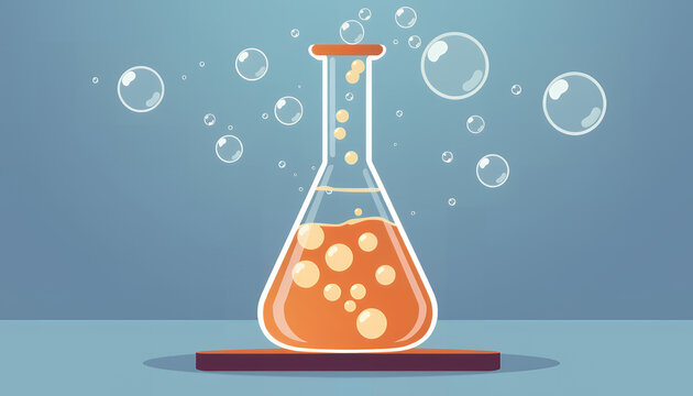 Erlenmeyer flask with orange liquid and bubbles in a laboratory setting