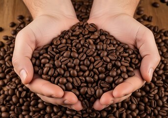 Hands Holding Roasted Coffee Beans Freshly Brewed Aroma Cafe Food Photography