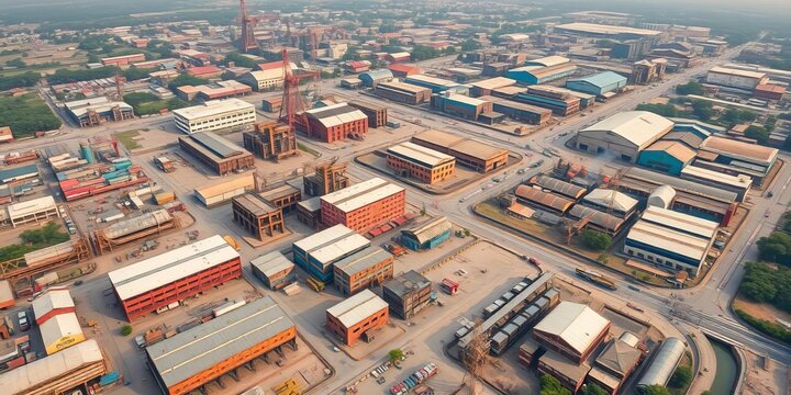 Aerial view of Delhi's industrial landscape, showcasing factories, warehouses, and infrastructure vital to its economic engine,  growth,  drone shot